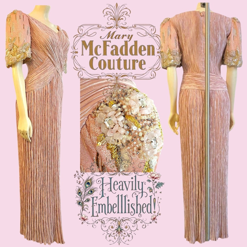Vintage Mary McFadden Couture Fortuny Style Pleated Gown‎ Blush Nude Pink Small